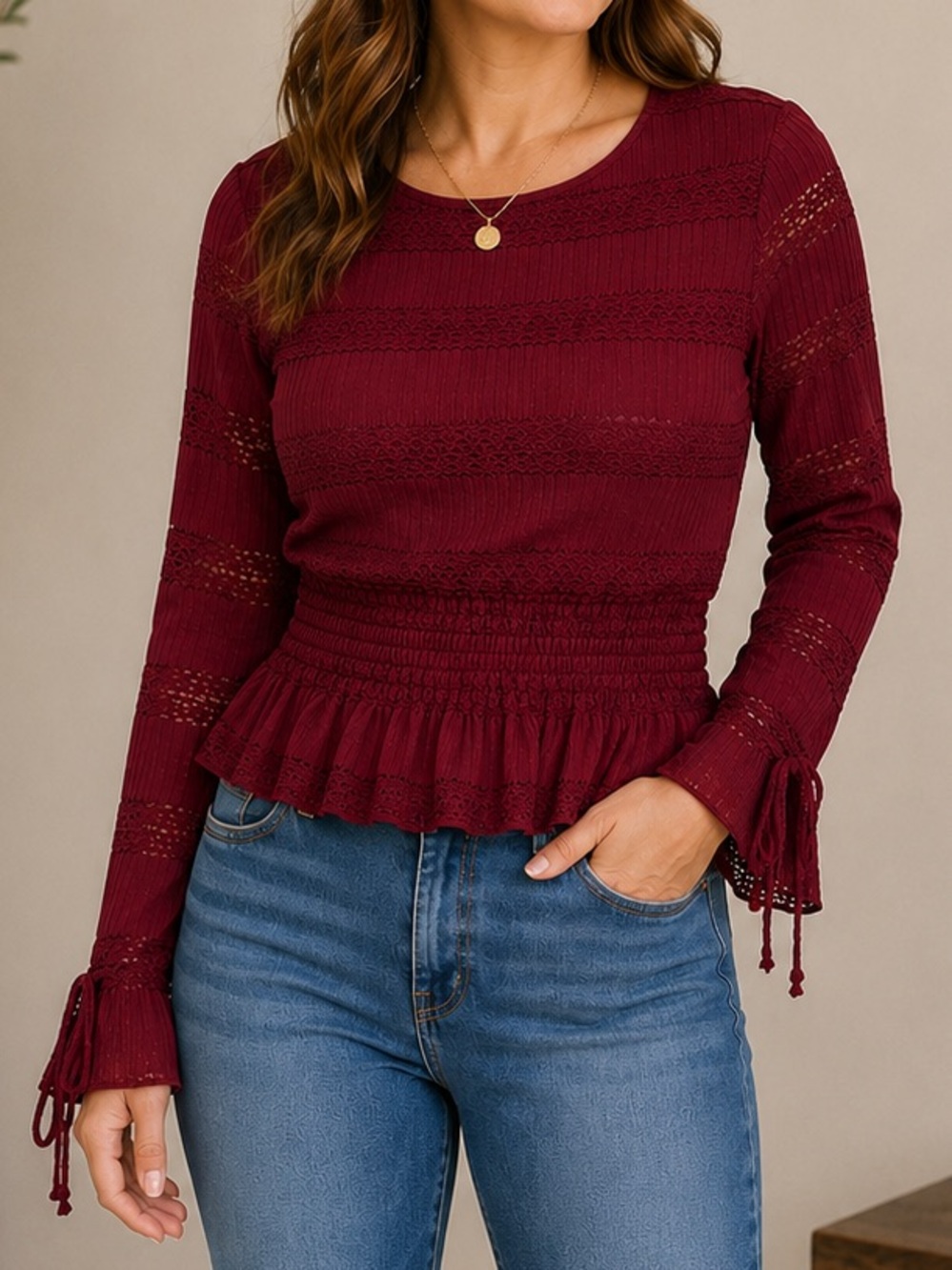 Kirious Los Angeles Burgundy Lace Smocked Peplum Top Size Medium Holiday Party